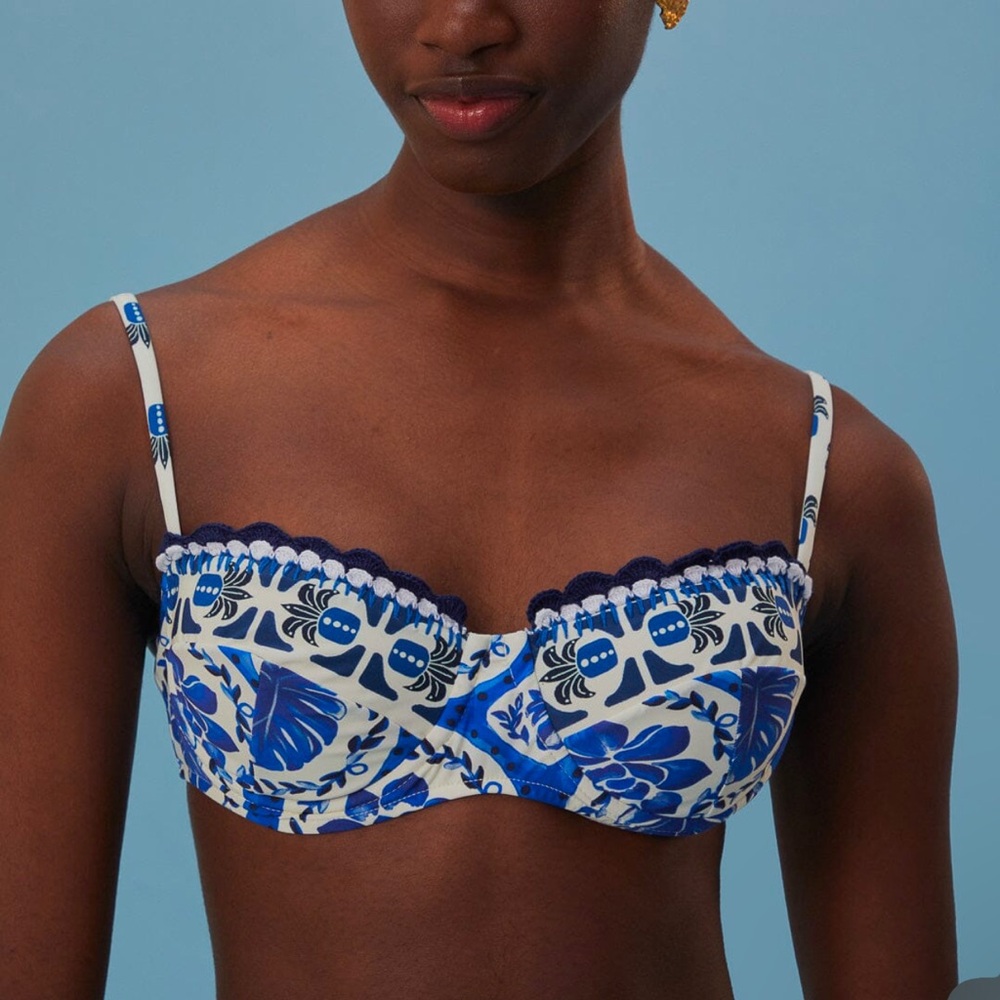 FARM Rio Blue and White Floral Tile Print High-Waist Bikini - Picture 3 of 8